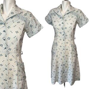 Vtg 50s Penneys Brentwood Blue Polka Dot Cut Out Detail Day Dress Cotton Size S